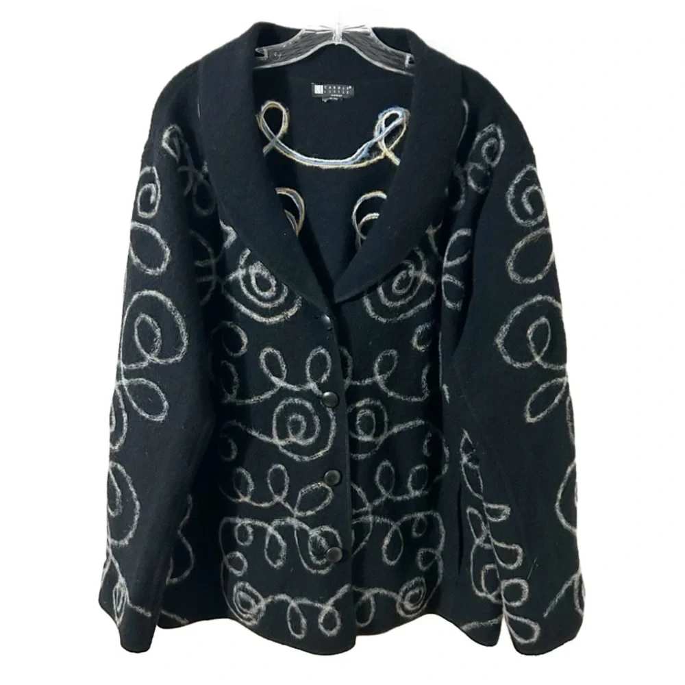 Vintage Carole Little Boiled Wool Cardigan Jacket Black- Yellow Blue White Swirl - Picture 1 of 16